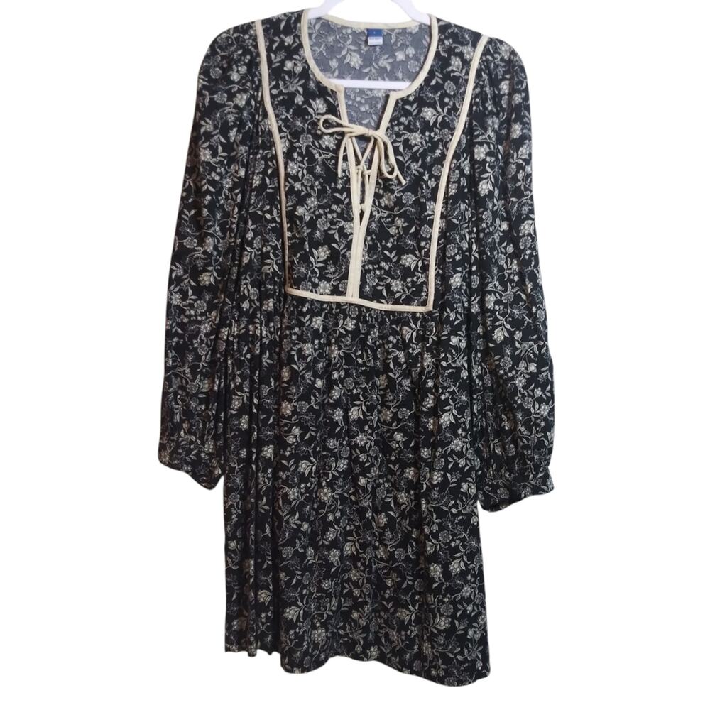 Old Navy Black Floral Long-Sleeve Boho Mini Dress Size L